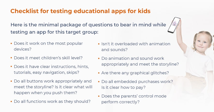 checklist to test e-learning app for kids