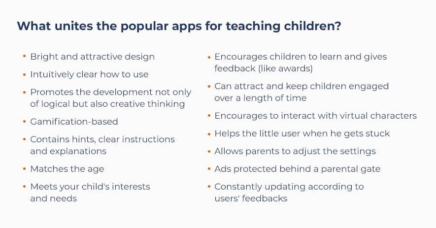 list of features for popular children apps