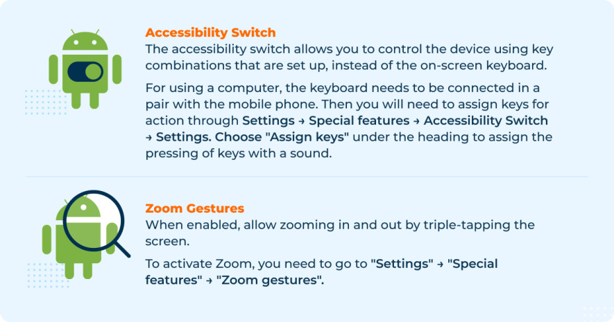 Here are basic TalkBack commands: 
accessibility switch
Zoom Gestures